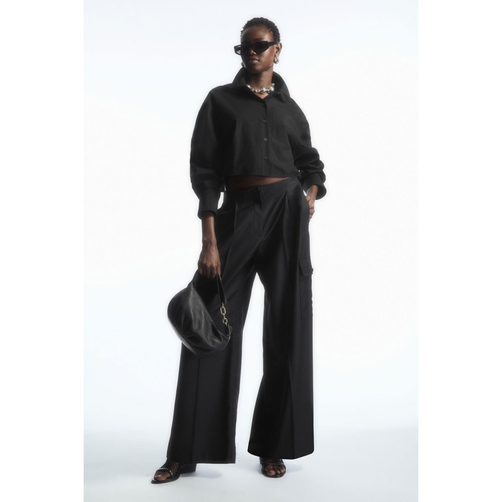 COS Womens Cropped Boxy Cotton Button Down Poplin Shirt Black Long Sleeve Small